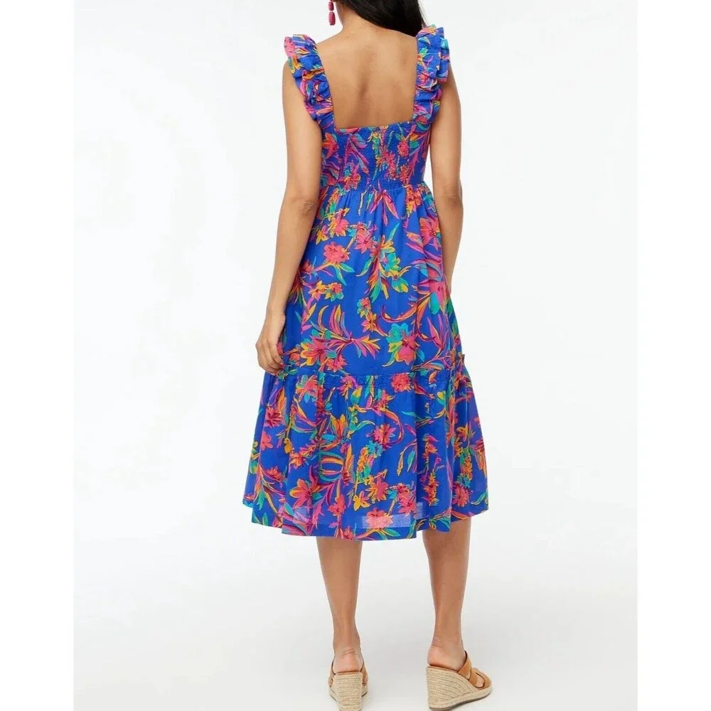 J Crew Women Midi Dress Blue Floral Cotton Preppy Boho Vacay Resort Size 4 NWT
